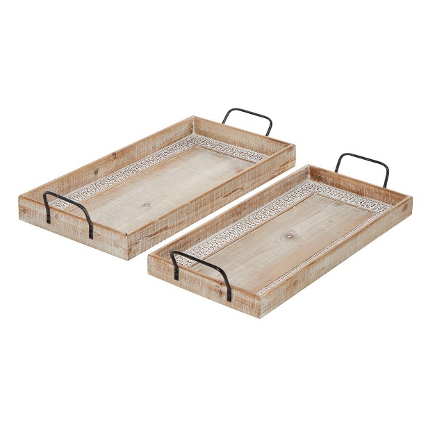 Set Of 2 Rectangular Wood Tray With Inlay And Metal Handles Black Olivia amp May