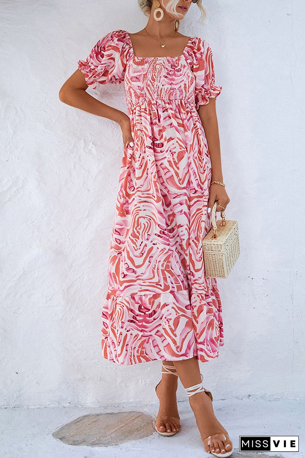 Off Shoulder Smocked High Waist Printed Maxi Dress