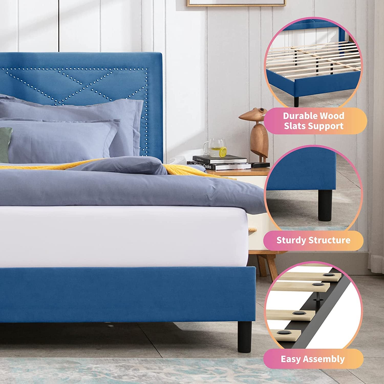 Mixoy King Bed Frame with High Headboard, Upholstered Platform Bed with Rivet Design, Wood Slat Support, Easy Assembly (King, Blue)