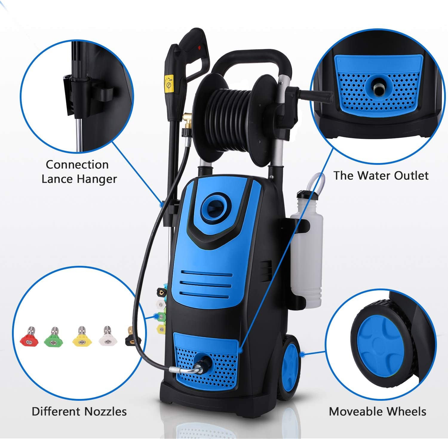 Electric Pressure Washer,1.8GPM Pressure Washer with Power Hose Gun Turbo Wand,1800W High Power Washer Cleaner Machine with 5 Interchangeable Nozzle & Hose Reel, for Cleaning Patio, Garden,Yard Green