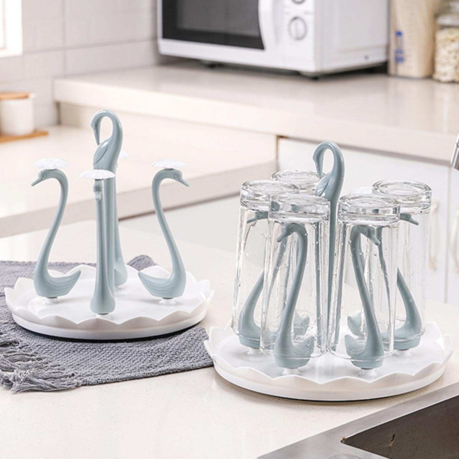 Swan Cup Holder with Rotating Drip Tray Plastic Rotatable Drinking Cup Drainer Stand Rack for Home Kitchen Blue 4 Heads