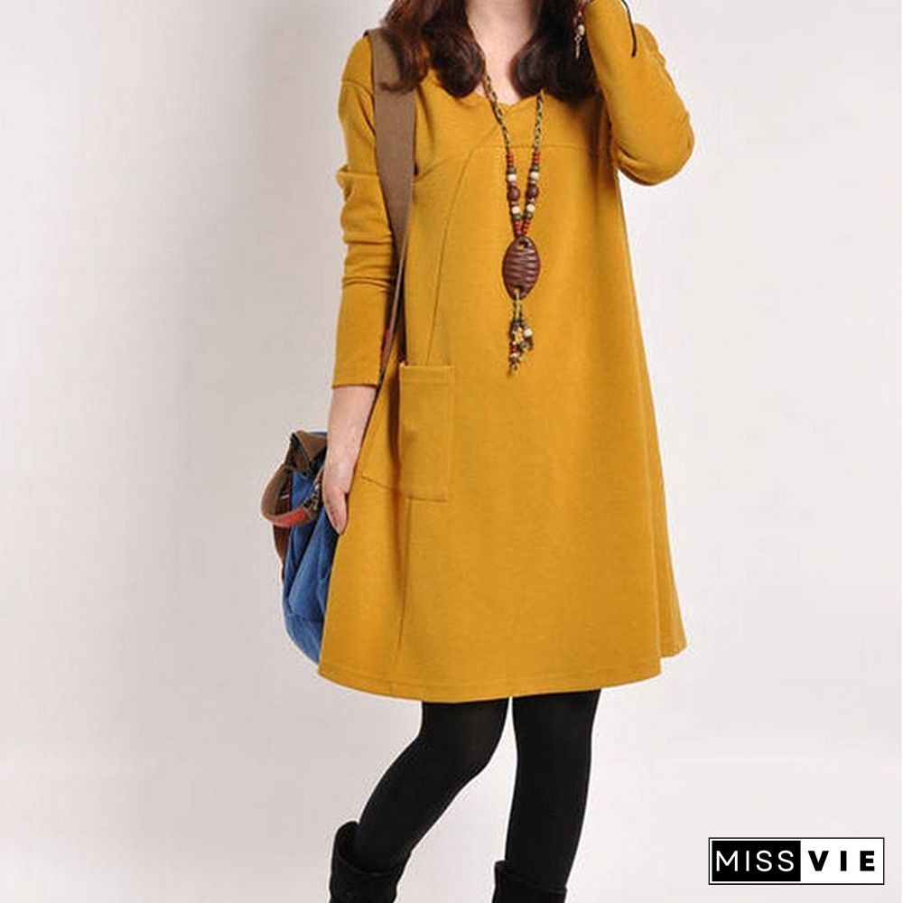 Women Autumn Long Sleeve Pocket Loose Maternity Swing Dress Casual Cotton V-neck Pregnancy Dress