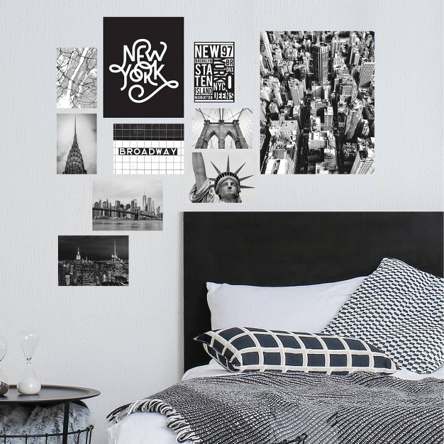 New York City Gallery Poster Kit Giant Peel And Stick Wall Decal Black white gray Roommates