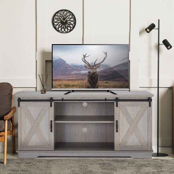 Sliding Barn Door TV Stand，Storage Wood Media Console Table Cabinet Adjustable Shelf for TVs up to 65