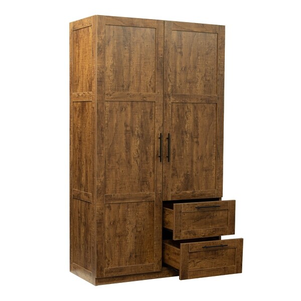 Wood High Wardrobe with 2 Drawers， 5 Storage Space and 2 Doors - - 36394606