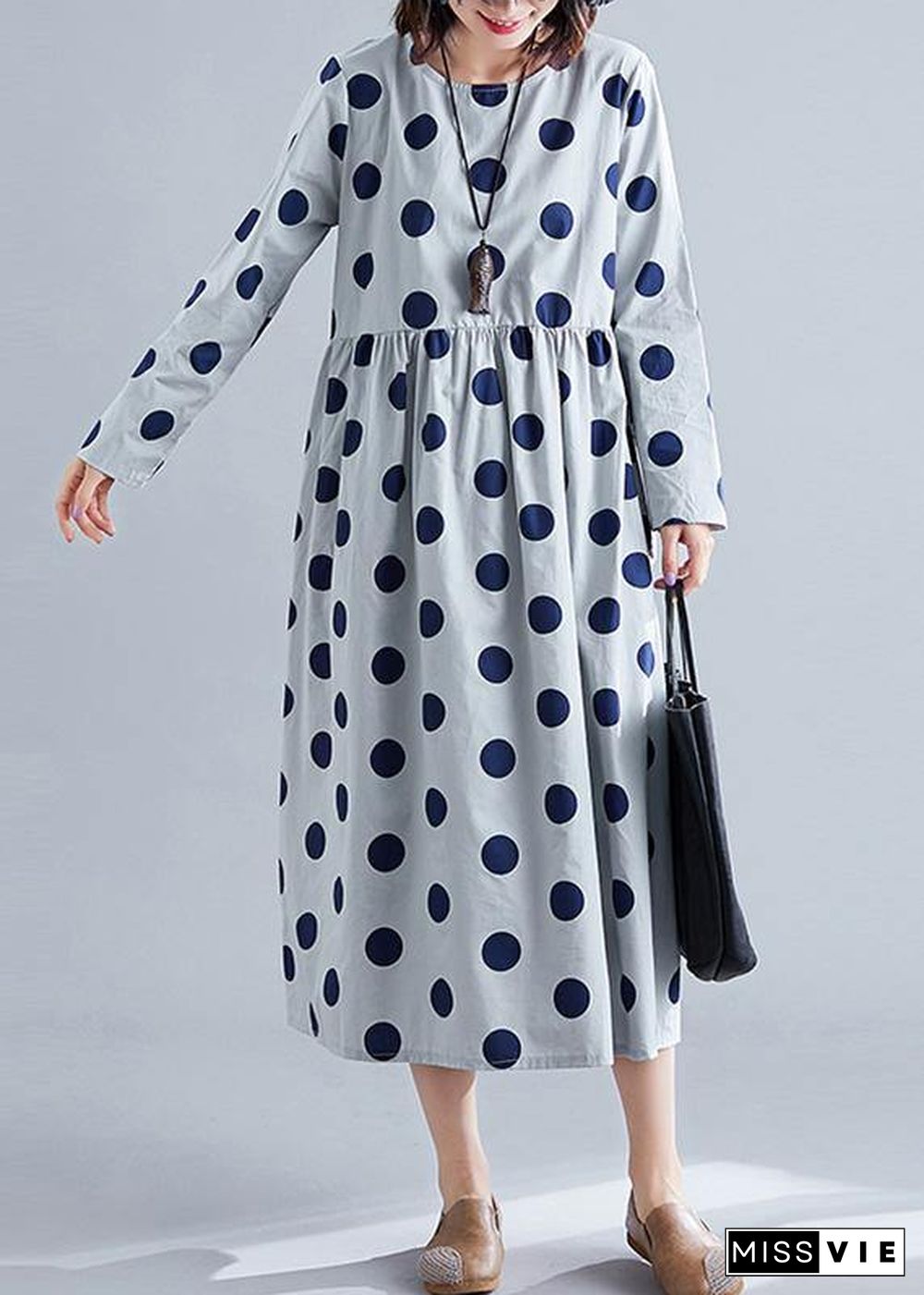 French gray o neck Chiffon clothes For Women dotted Traveling fall Dress