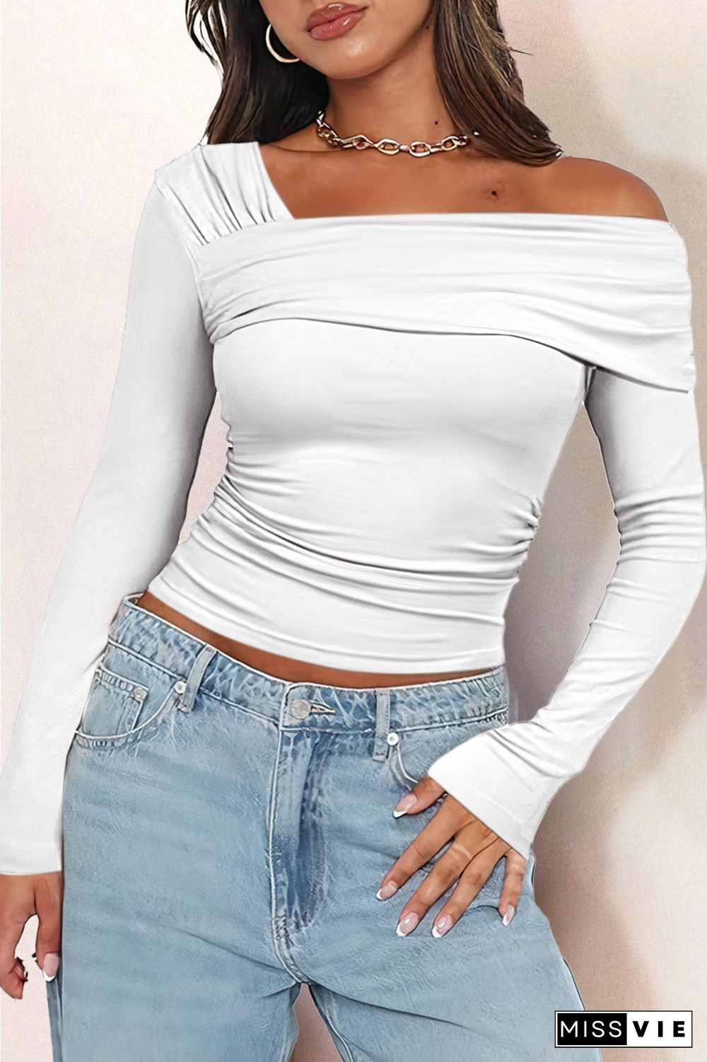 Solid Ruched Asymmetrical Neck T-Shirt