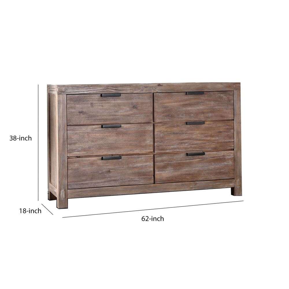 6 Drawer Rustic Style Wooden Dresser with Block Legs  Brown