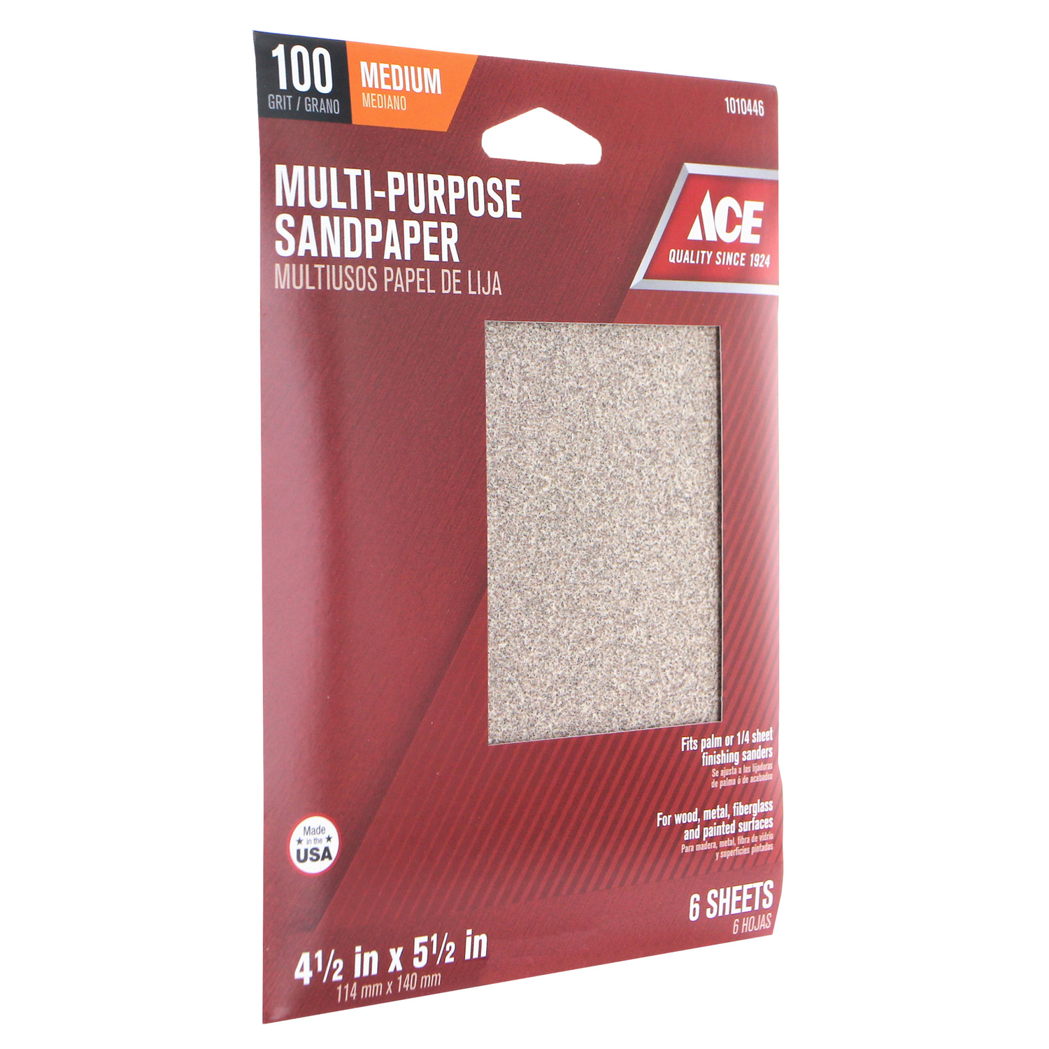 Ace 5-1/2 in. L X 4-1/2 in. W 100 Grit Aluminum Oxide 1/4 Sheet Sandpaper 6 pk