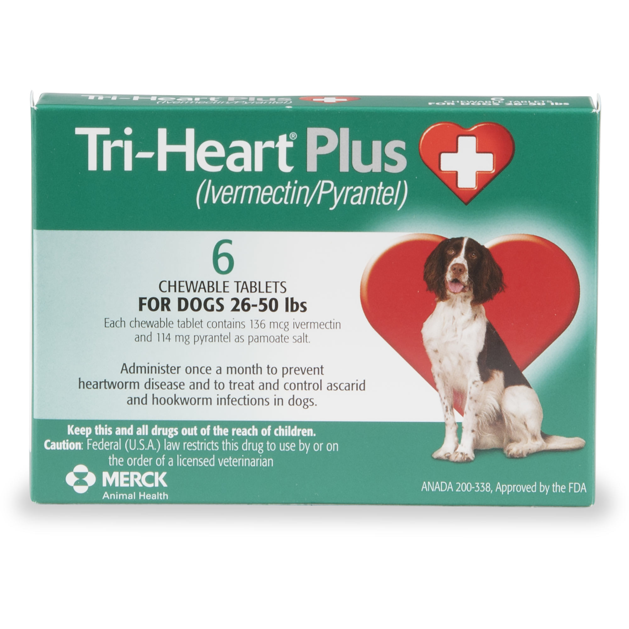 TRI-HEART PLUS Chewable Tablets for Dogs 26 to 50 lbs， 6 Month Supply