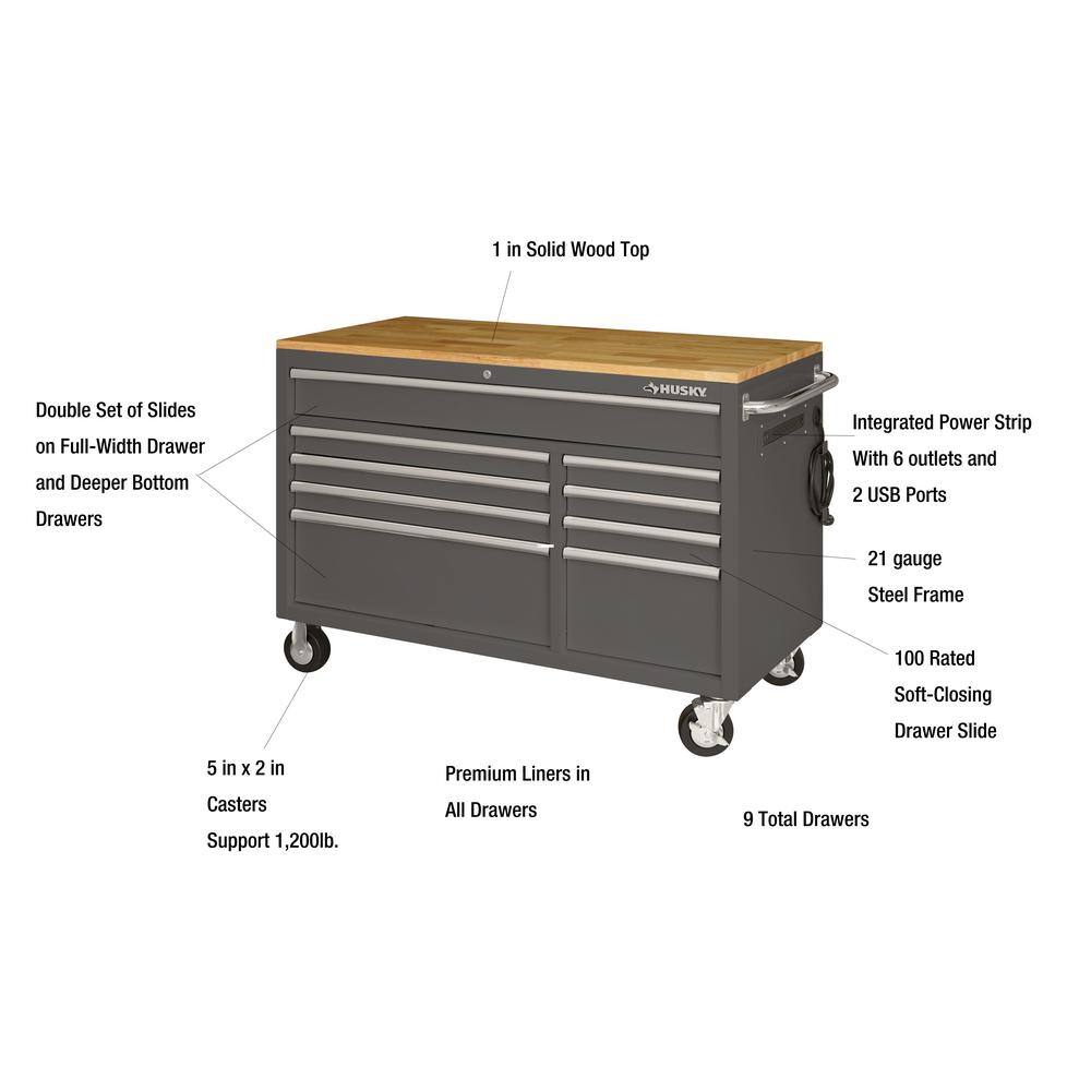 Husky 52 in. W x 25 in. D Standard Duty 9-Drawer Mobile Workbench Cabinet with Solid Wood Top in Gloss Gray HOTC5209B41M