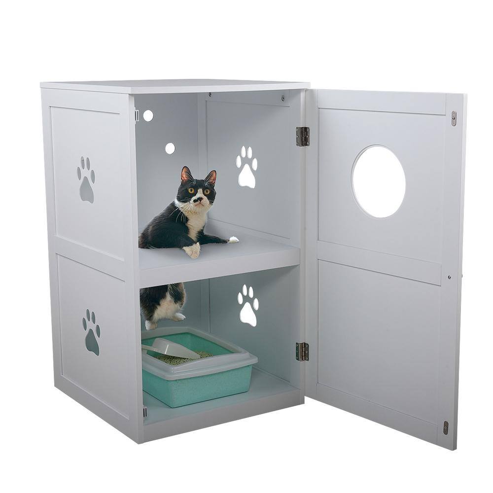 COZIWOW 2-Tier Wood Cat House Washroom Litter Box Cover with Openable Door, White CW12F0327