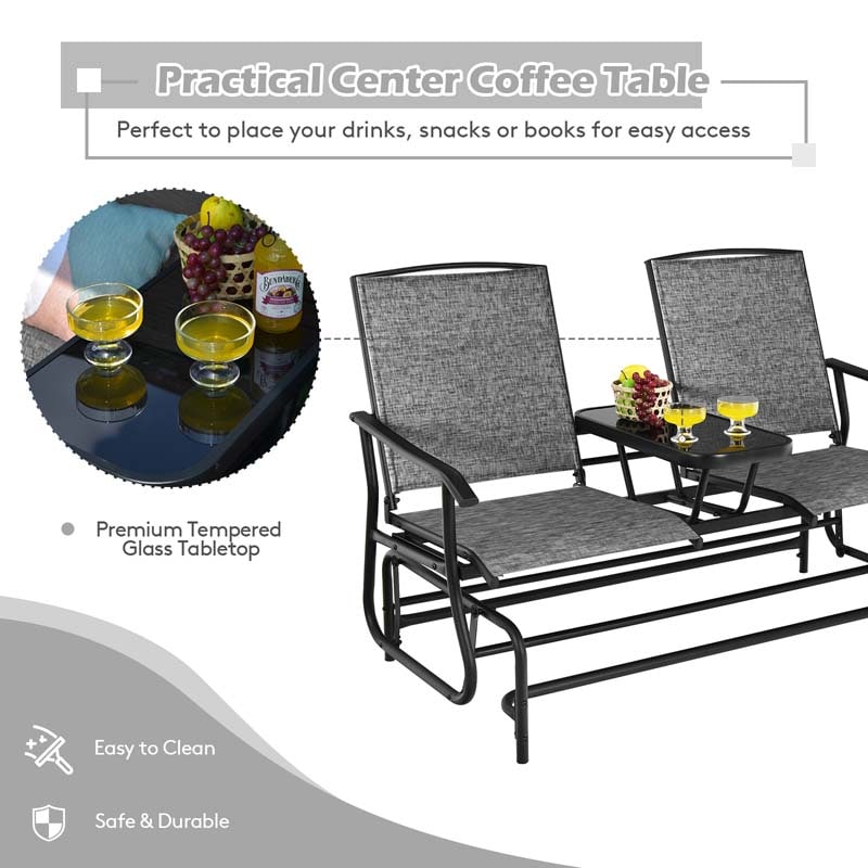 2-Person Outdoor Bench Glider Chair with Center Table, Mesh Fabric Rocking Loveseat for Patio