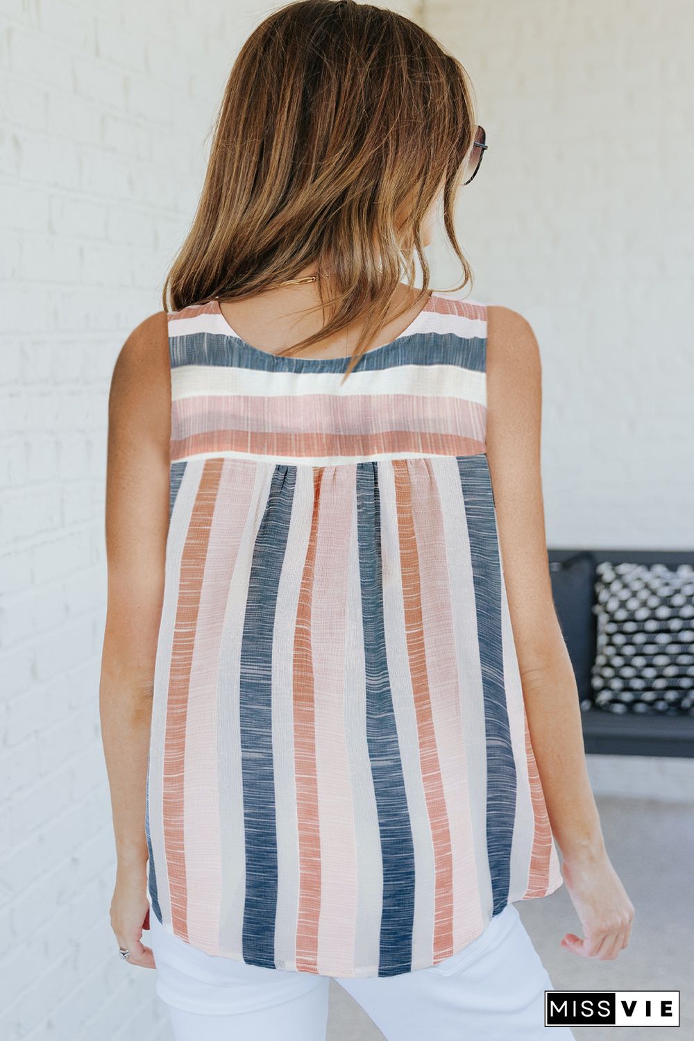 Multicolor Split V Neck Striped Print Tank Top