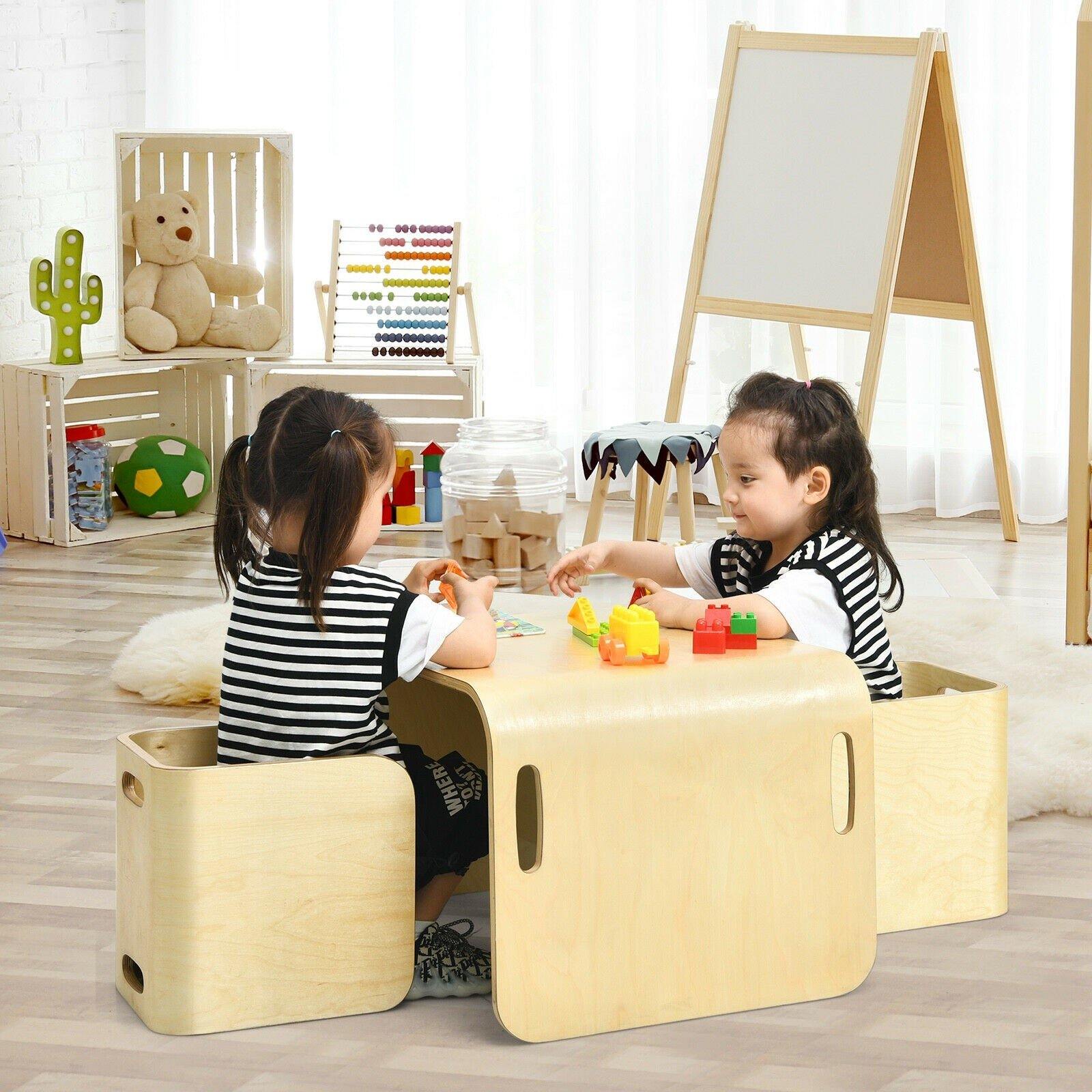 Costzon Kids Table and Chair Set, 4 in 1 Wood Activity Table, Bench, Storage Shelves