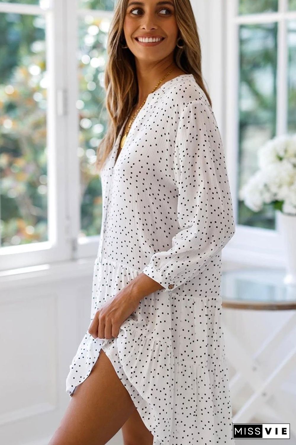 Casual Polka Dot Asymmetric Beach Shirt Dress