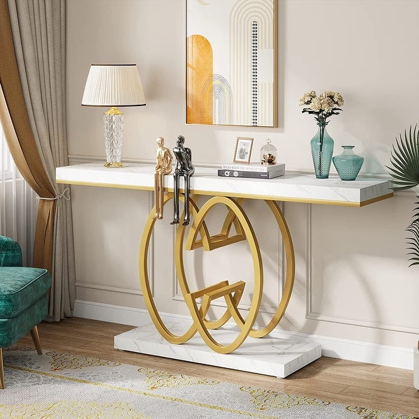 55 Inch White Narrow Sofa Console Table with Geometric Metal Base in Gold