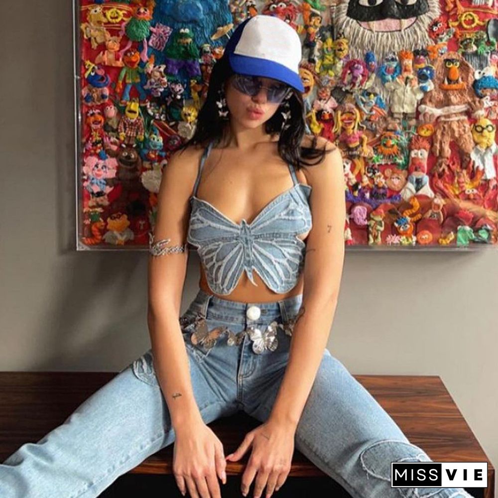 Y2K Solid Color Butterfly Demin Crop Top Backless Strap Camis Sexy Street Wear Women Mini Lacing Vest Tops