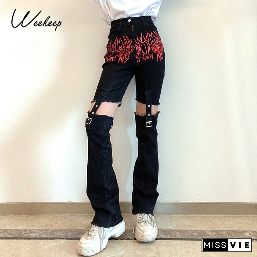 Weekeep Gothic Print Cut Out Blcak Jeans Women High Waist Denim Long Pants Summer Vintage 90S Harajuku Streetwear Punk Trousers