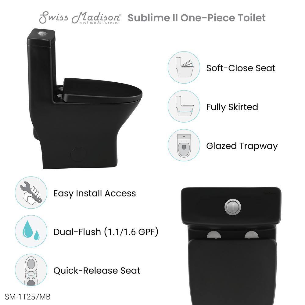 Swiss Madison Sublime II 1-Piece 1.11.6 GPF Toilet Dual Flush Round Toilet in Matte Black Seat Included SM-1T257MB