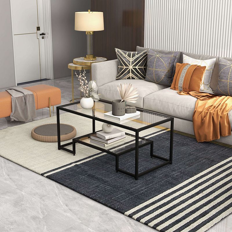 Modern 2-Tier Rectangular Coffee Table with Glass Table Top