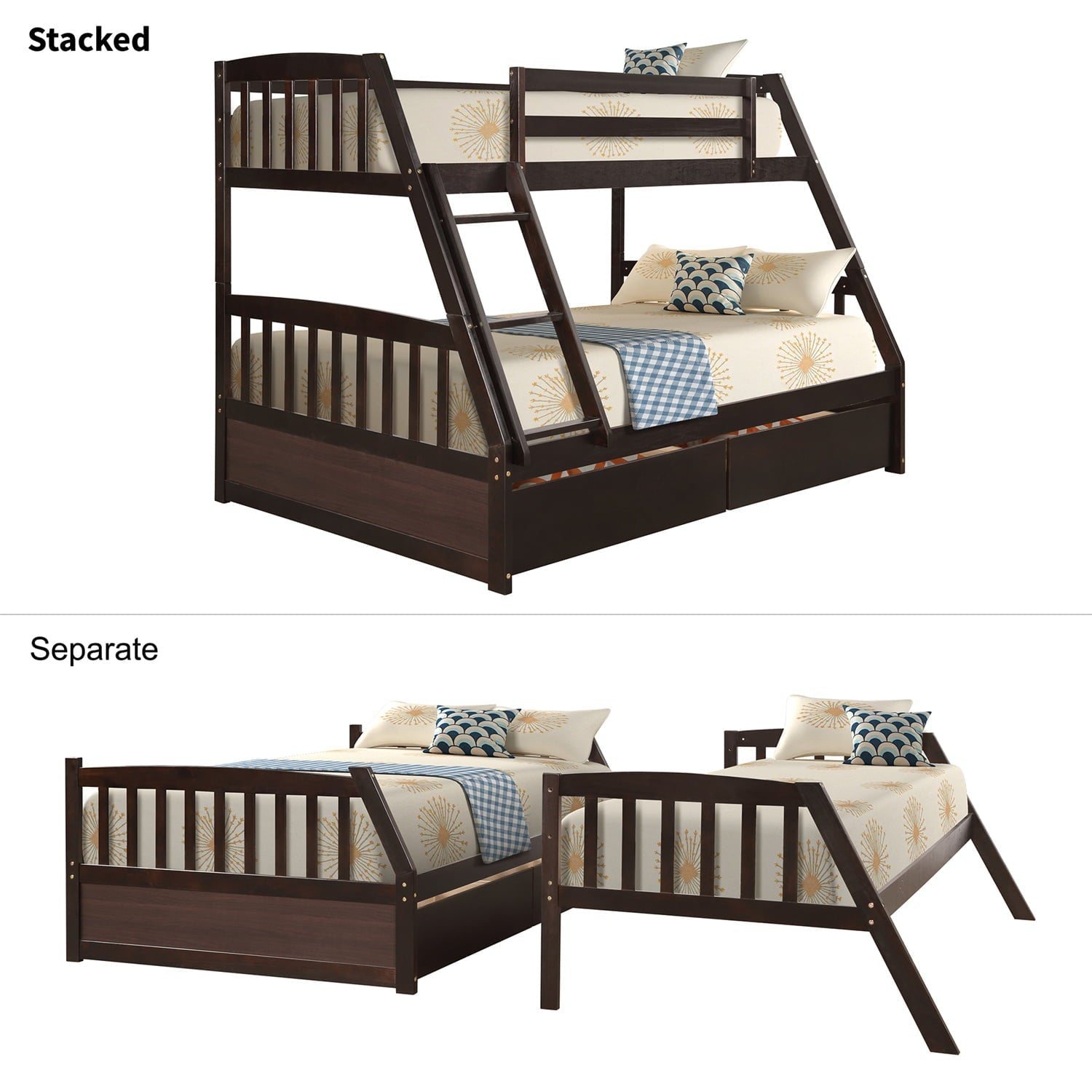 Twin Over Full Bunk Bed with Two Storage Drawers, Pine Wood Bed Frame and Ladder with Guard Rails for Toddlers, Kids, Teens, Boys and Girls, Espresso