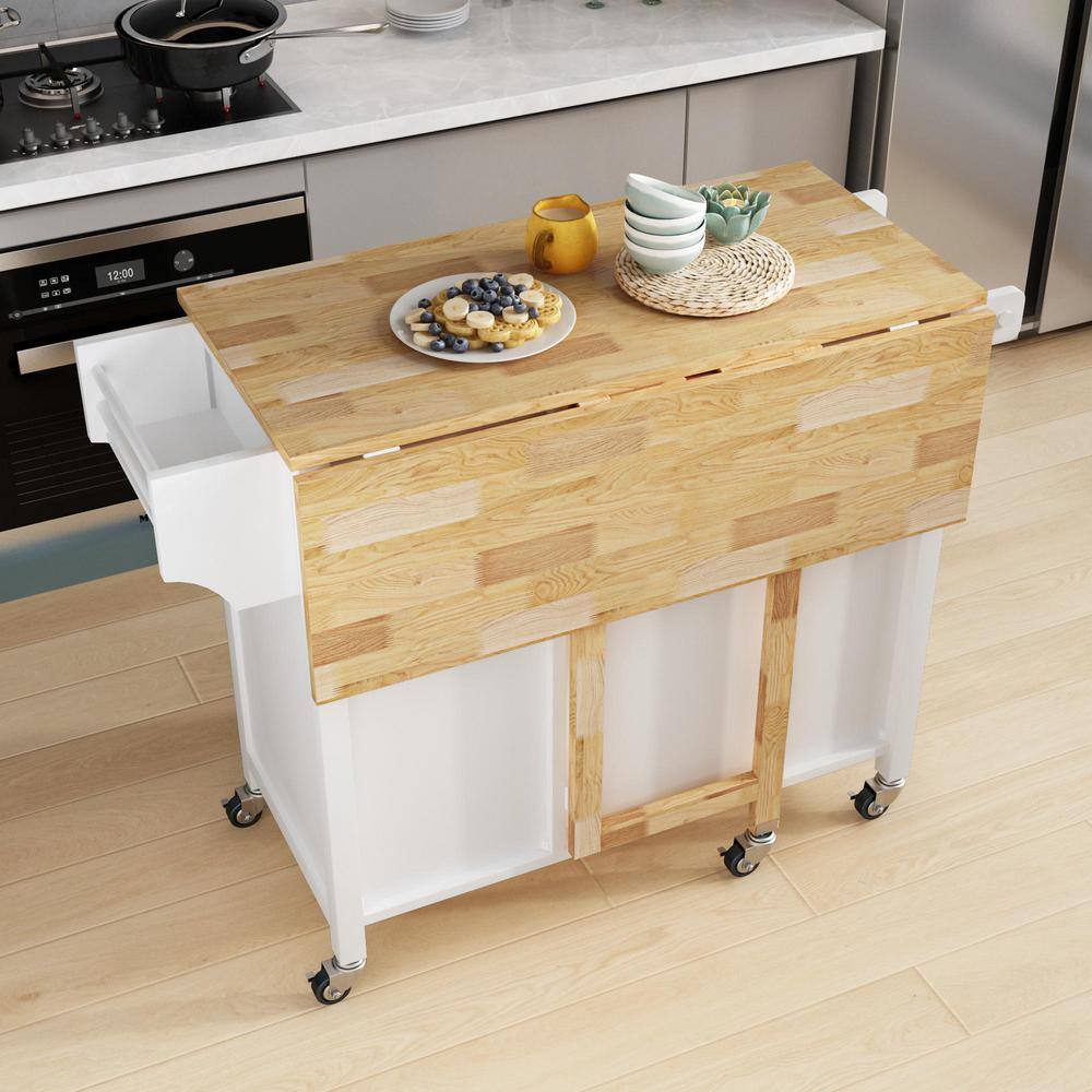 Whatseaso White Wood 39.37 in. W Kitchen Island with Double Doors Lockable-Wheels and Towel Rack FEB23081002KI