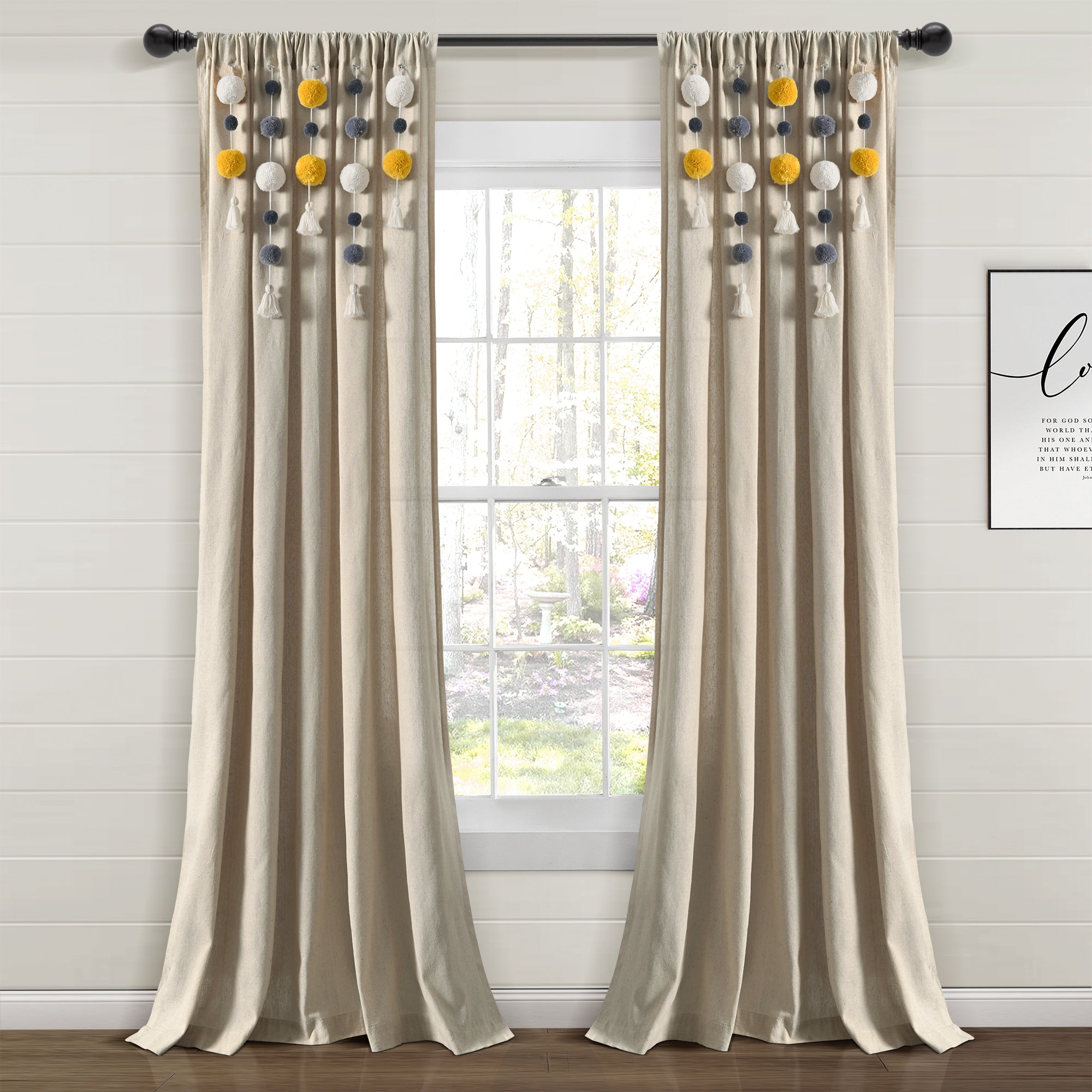 Boho Pom Pom Tassel Faux Linen Window Curtain Panel