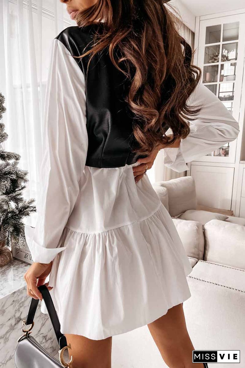 Shirt skirt and leather stitching Mini Dress