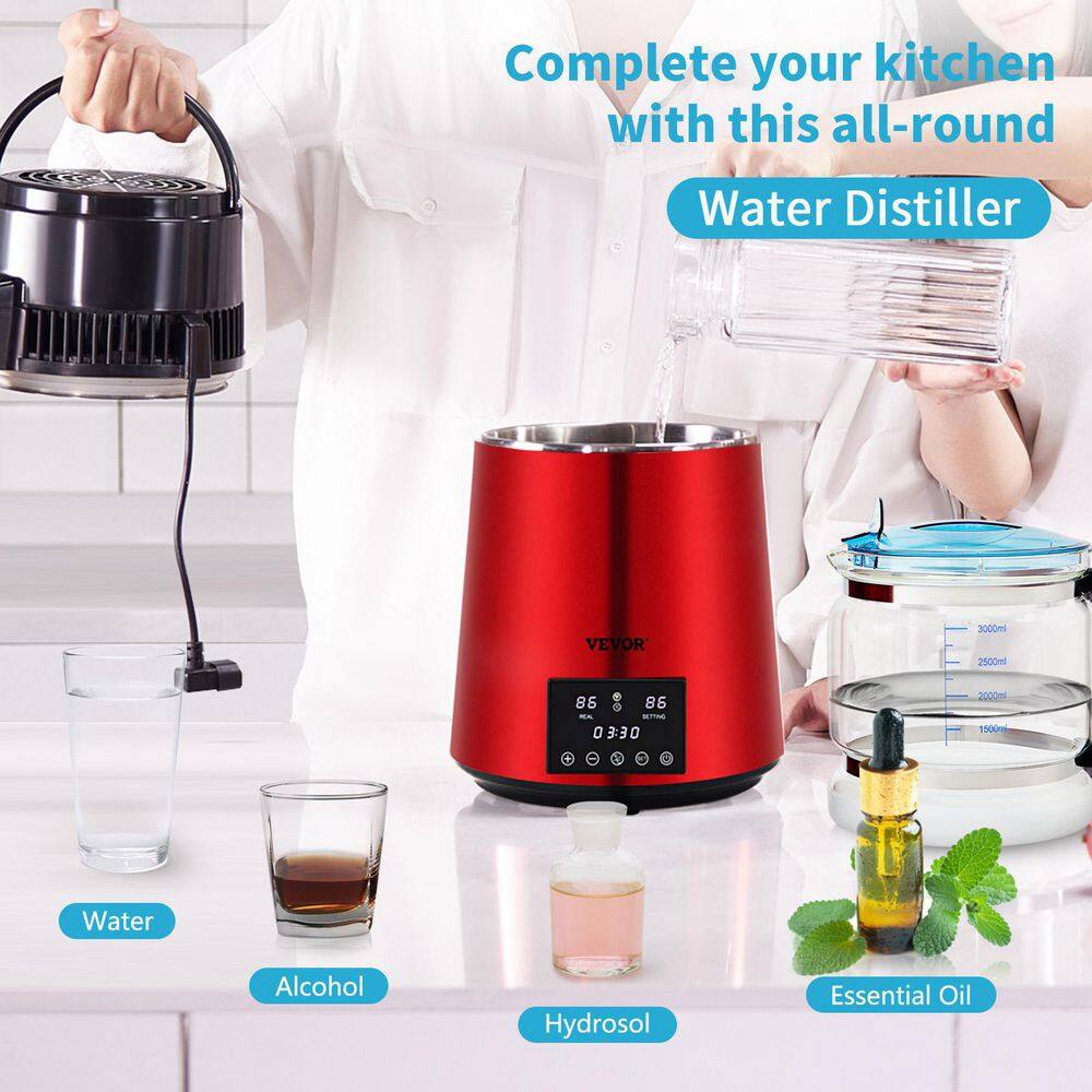 VEVOR 1.1 Gal. Water Distiller 750-Watt Distilled Water Machine Countertop Distilled Water Maker with Timing Dual Temp Red DSDW1LH4L110VWK8PV1