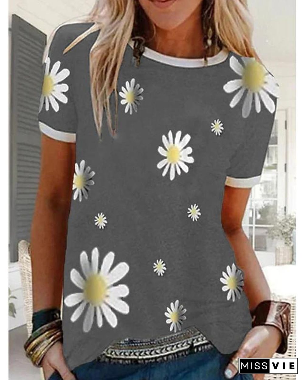 Women's T-shirt Floral Graphic Prints Flower Round Neck Tops Basic Top Black Blue Red