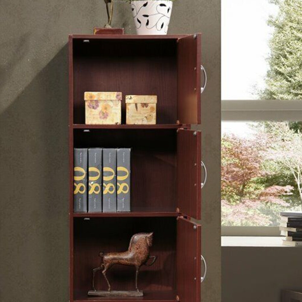 4 Door Multi Purpose Bookcase Slim Design Mahogany   52 x 63