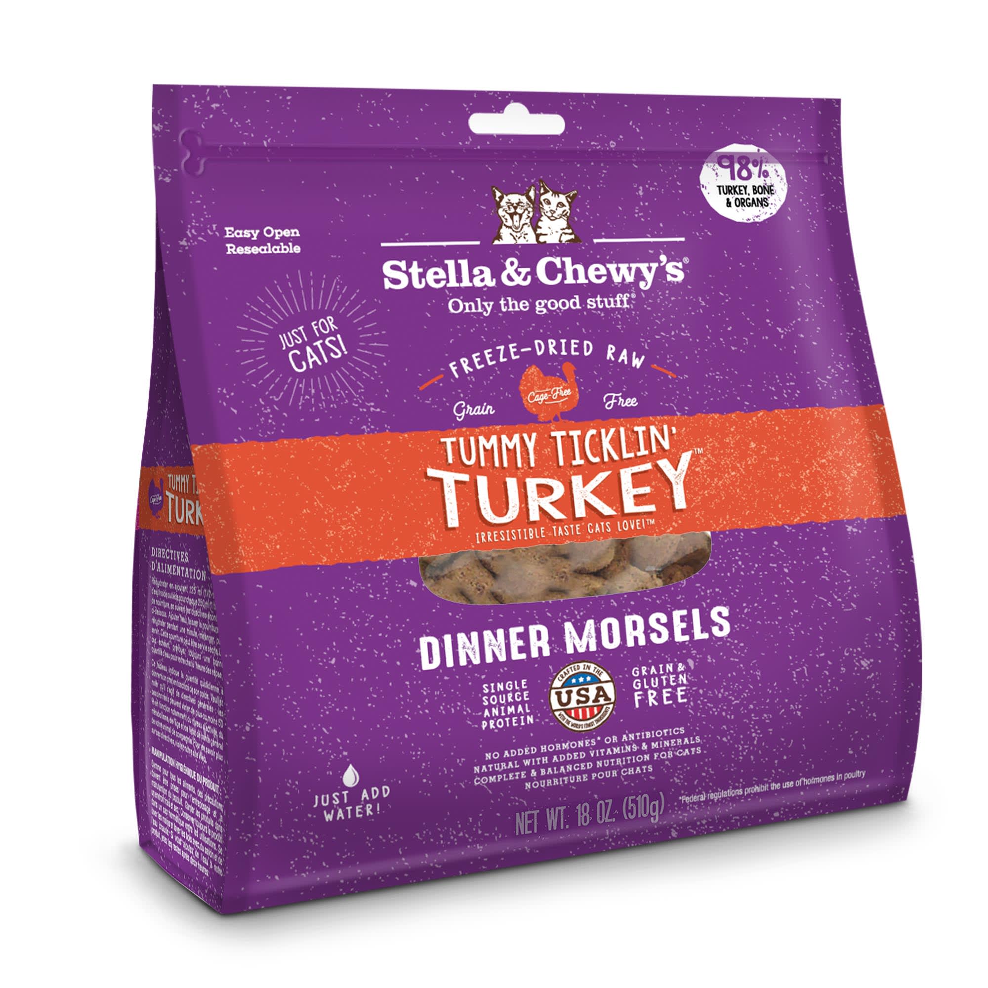 Stella  Chewy's Freeze-Dried Raw Dinner Morsels Protein Rich Tummy Ticklin' Turkey Recipe Dry Cat Food， 18 oz.