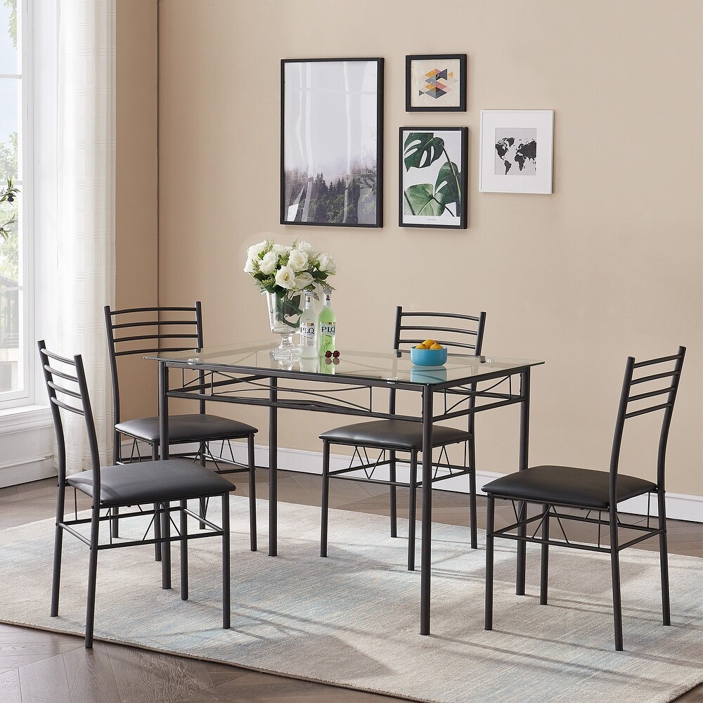 5 pieces Modern Dining Sets Tempered Glass Table Top and 4 PU Chairs