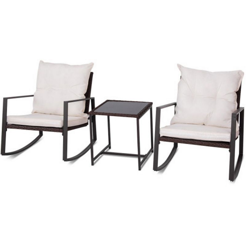 3 Pcs Patio Rocking Wicker Bistro Set Outdoor Rattan Wicker Set W/ Beige Cushion