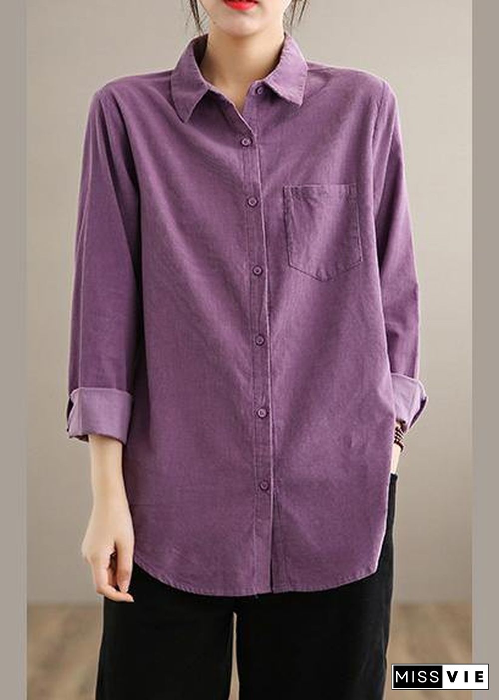 Style Lapel Pockets Spring Crane Tops Design Purple Shirt