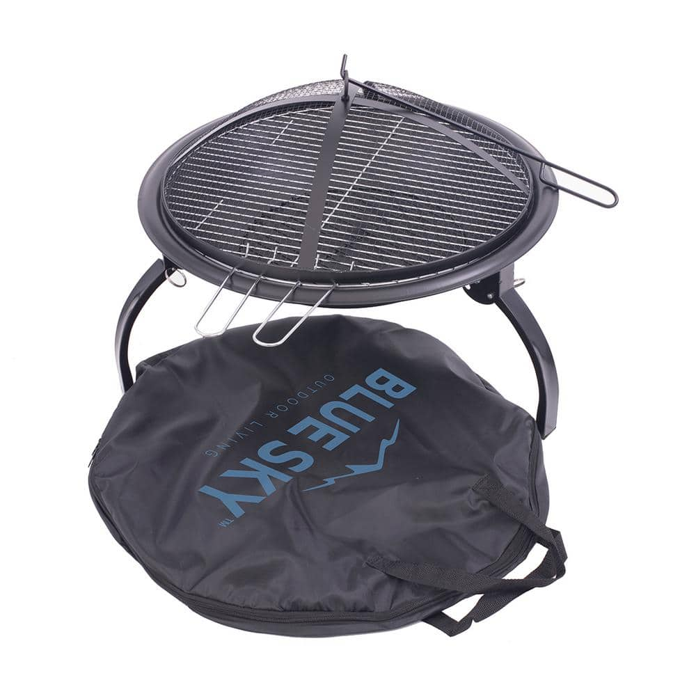 BLUE SKY OUTDOOR LIVING 21.25 in. Round Steel Portable Wood Fire Pit with Folding Legs， Carry Bag， Screen， Screen Lift， Log Grate， Cooking Grid WBPFP22