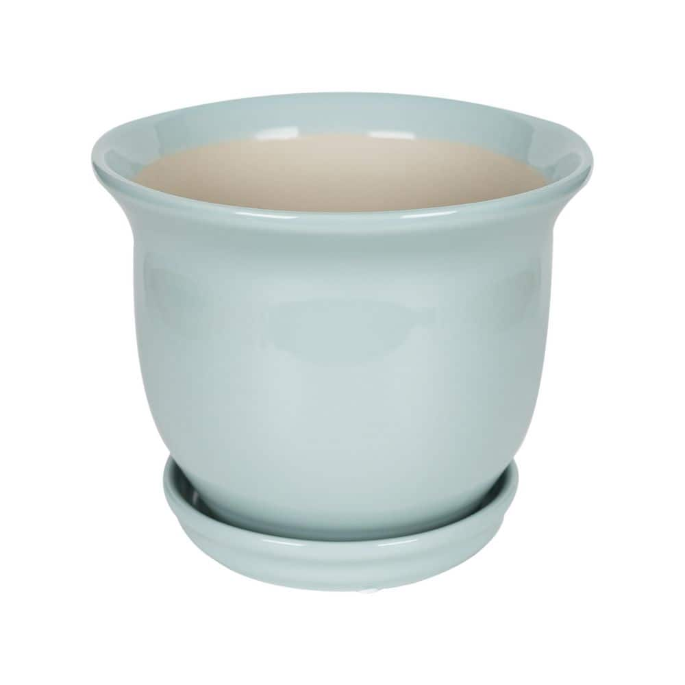 Vigoro 7.9 in. Coralie Small Seabreeze Blue Ceramic Planter (7.9 in. D x 6.7 in. H) with Drainage Hole and Attached Saucer 527402