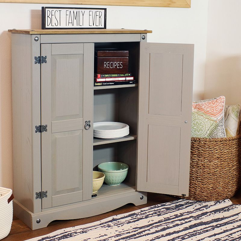 Sunnydaze 2-Door， 2-Shelf Solid Pine Accent Cupboard - Gray - 43 in