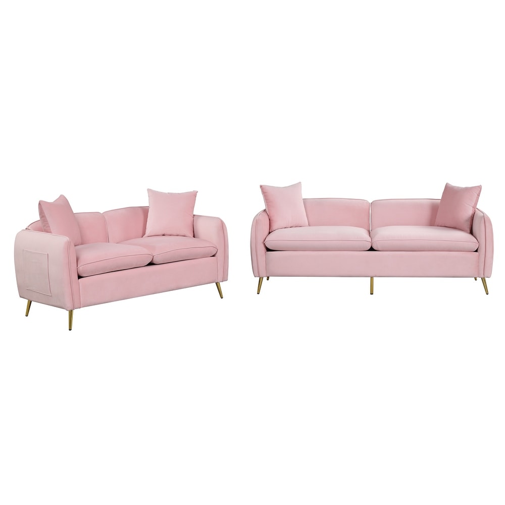 2 Piece Velvet Upholstered Sofa Set  3 Seater Couch Loveseat Set  Metal Legs and Throw Pillows  for Living Room Apartment Etc