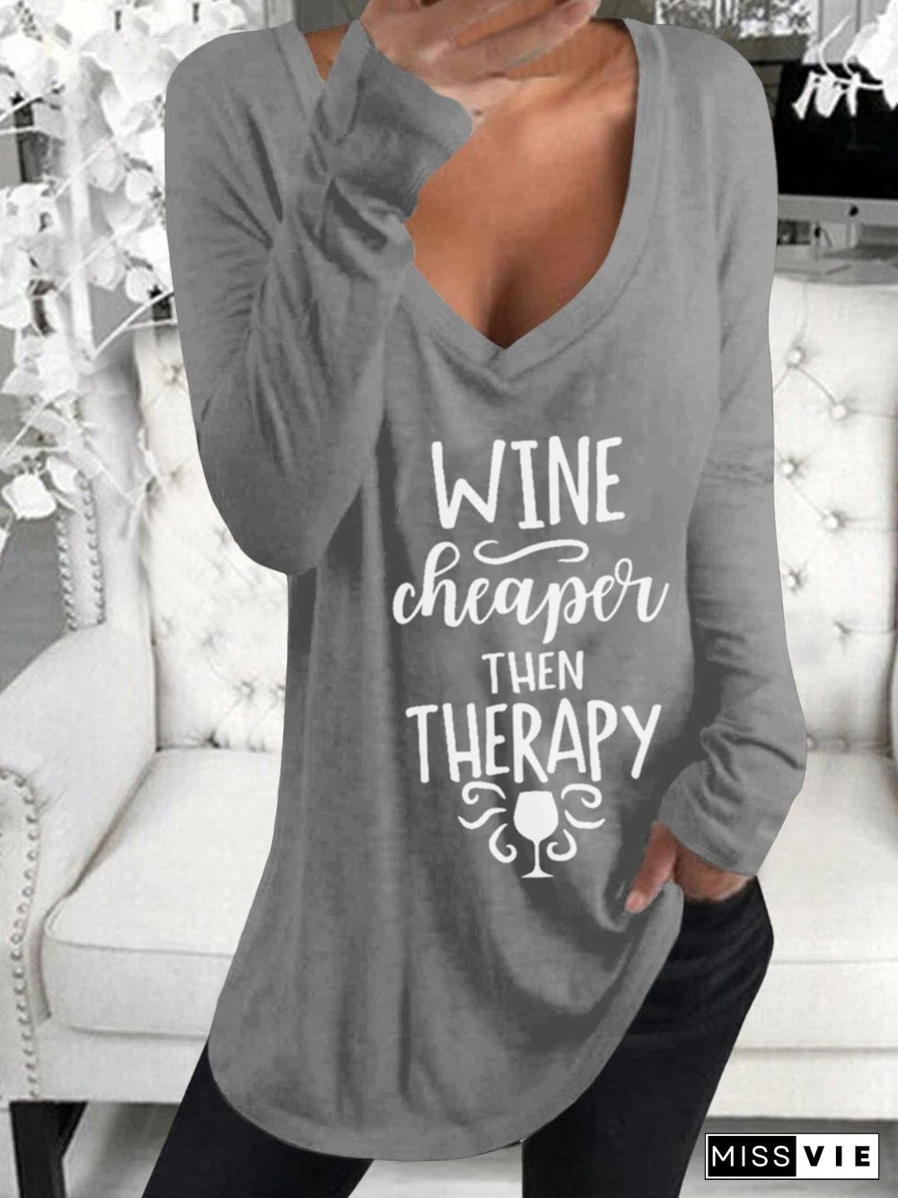 Long Sleeve V Neck Plus Size Printed Tops T-Shirts