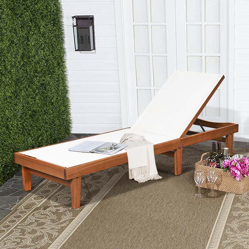 5-Position Wood Outdoor Patio Chaise Lounge Chair Pool Sun Lounger with Breathable Fabric