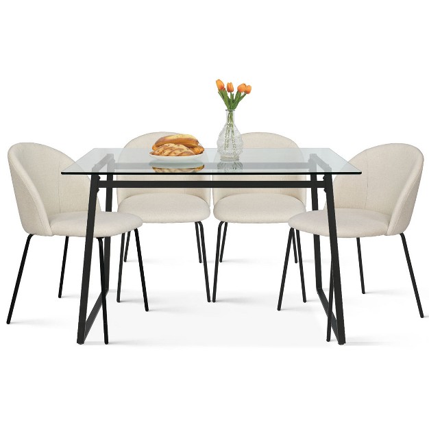 Mona nano 5 Piece Black Rectangular Clear Tempered Transparent Glass Table With 4 Upholstered Side Chairs the Pop Maison