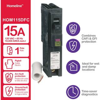 Square D Homeline 15 Amp Single-Pole Dual Function (CAFCI and GFCI) Circuit Breaker HOM115DFC