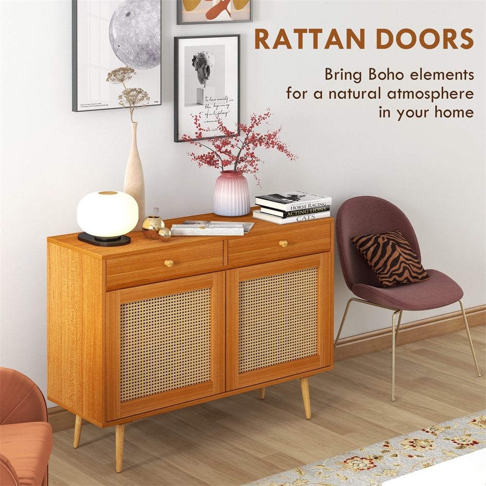 Storage Cabinet with 2 Drawers  Rattan Doors and Wooden Legs