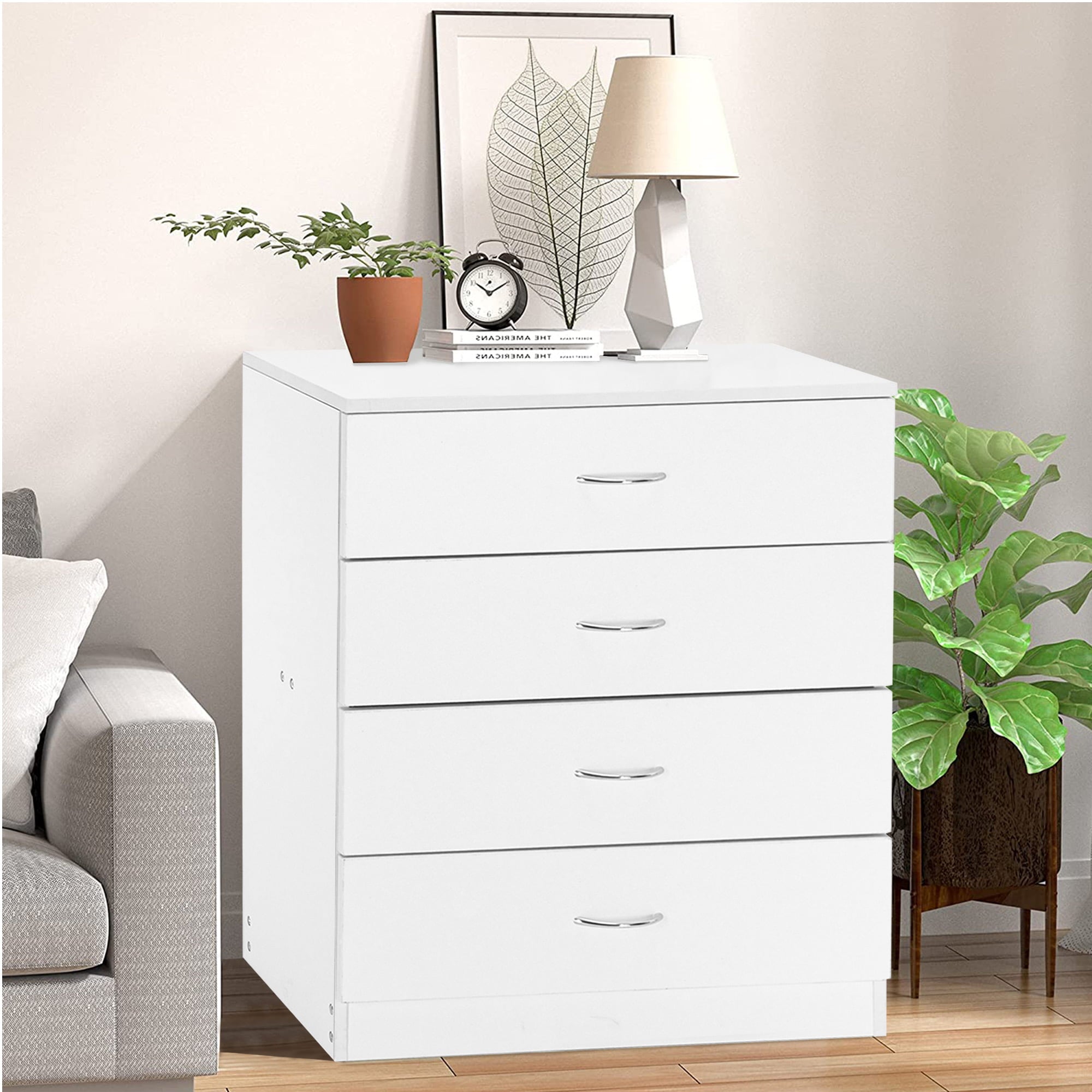 SYNGAR Modern White 4 Drawer Dresser, Small Wood Storage Cabinet with Easy Pull Handles, Dressers and Chests of Drawers, Organizer Unit for Bedroom, Living Room, Hallway, Closets, Nursery