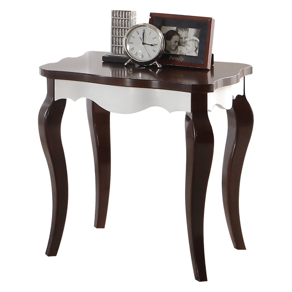 Wooden End Table with Cabriole Legs， White and Walnut Brown - 24 H x 24 W x 22 L Inches