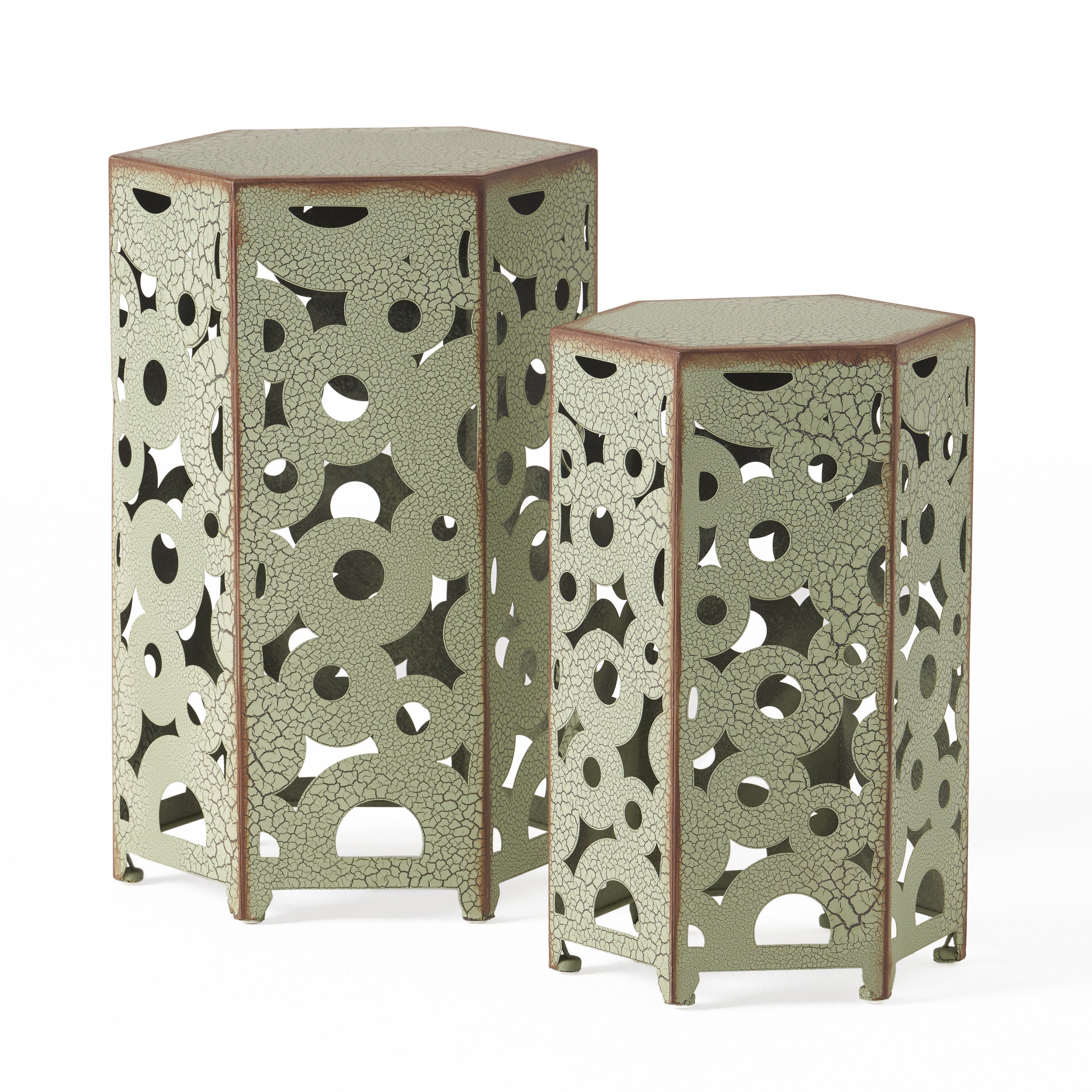 Contemporary Outdoor Hexagonal Antique Orange Iron Accent Tables (Set of 2)