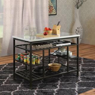 Benjara 36 in. H Gray and White Marble Top Metal Kitchen Island with 2-Slated Shelves BM214991