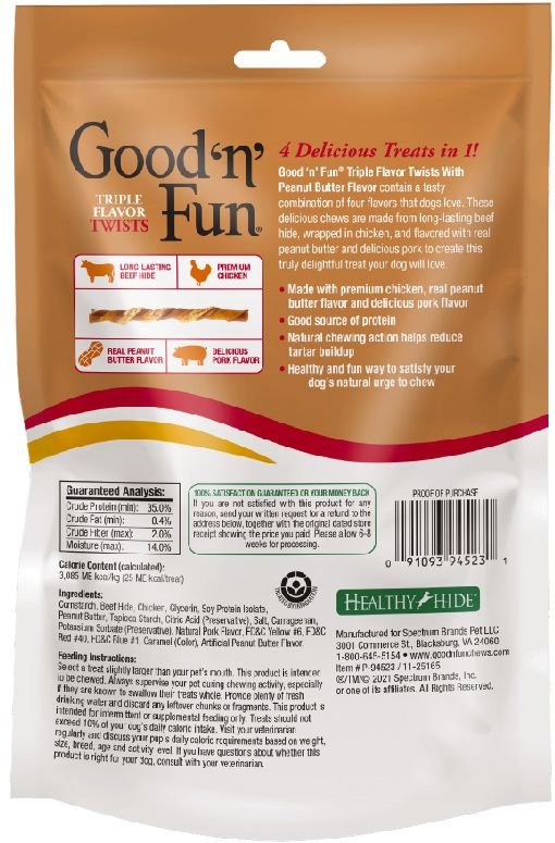 Good 'n' Fun Triple Flavor Peanut Butter Twists Dog Rawhide Treat， 4.7-oz bag， 18 count